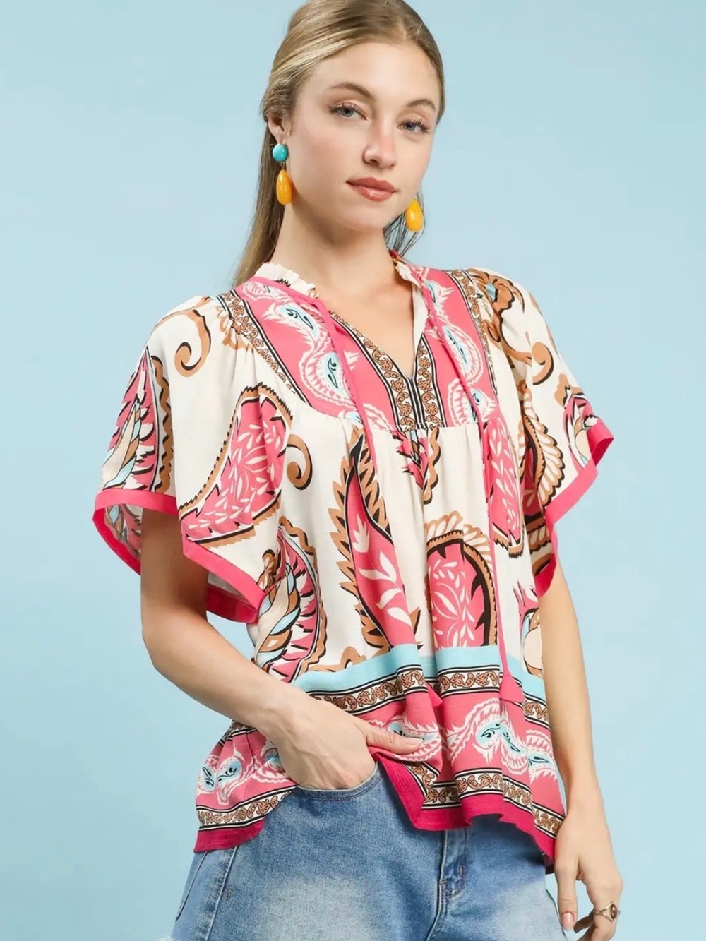 💖Hello Gorgeous! Umgee Mix Paisley Border Print Tassel Top-Pink